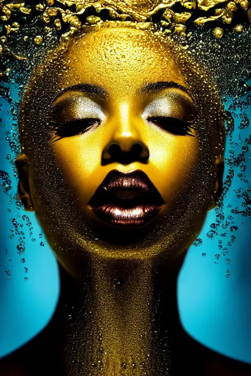 Prompt: hyperrealistic post - dada cinematic very expressive! profile black oshun goddess, head emerging from water!!, mirror dripping droplet!, gold flowers, highly detailed face, digital art masterpiece, smooth eric zener cam de leon, dynamic pearlescent teal light, low angle uhd 8 k, sharp focus