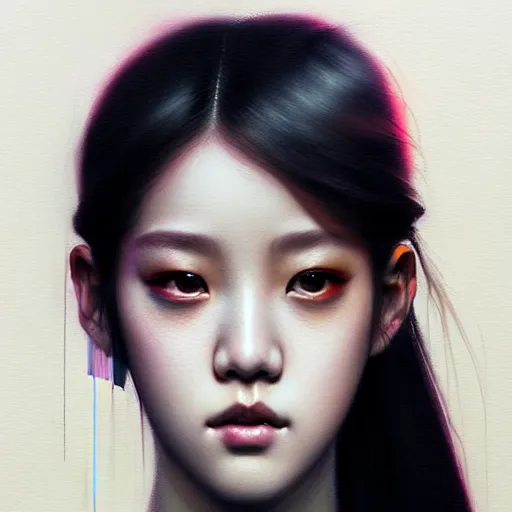 Image similar to jisoo of blackpink, hyperrealistic portrait, bladerunner street, by karol bak and agnes cecile, fantasy art, photo realistic, dynamic lighting, artstation, poster, volumetric lighting, very detailed face, intricate complexity, rule of thirds, 8 k, award winning, trending