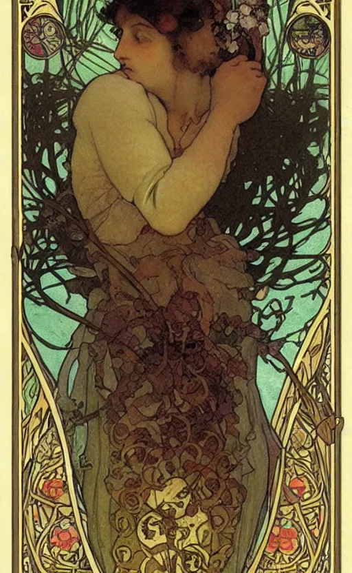 Image similar to the fool tarot, beautiful border, by alfons maria mucha, highly detailded