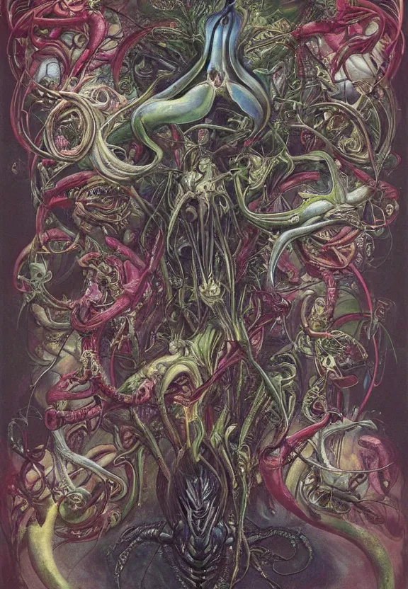 Image similar to simplicity, elegant, colorful muscular eldritch orchids, lilies, flowers, bodies, neon radiating from fractal, mandalas, by h. r. giger and esao andrews and maria sibylla merian eugene delacroix, gustave dore, thomas moran, pop art, giger's biomechanical xenomorph, art nouveau