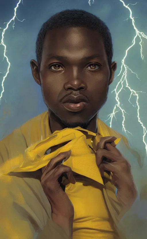 Image similar to upper half portrait of an african in yellow cape - inside a group of clouds - surrounded by bolts of lightning with rays of light emanating from clouds - in drew struzan movie poster style, art by drew struzan & hsiao - ron cheng, highly detailed, digital painting, ray tracing, illustration, smooth, sharp focus, intricate, symmetry, artstation,