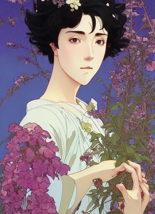 Prompt: pretty young man with short black hair, male, half body shot, path traced, highly detailed, high quality, digital painting, by studio ghibli and alphonse mucha, leesha hannigan, hidari, art nouveau, chiho aoshima, posuka demizu