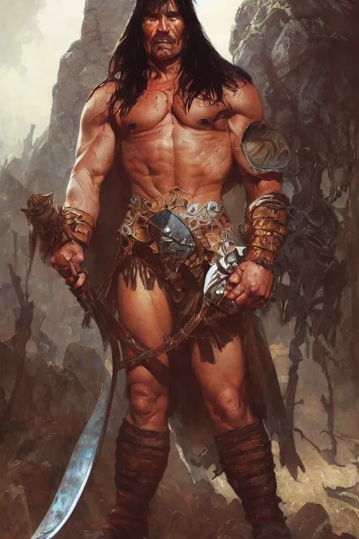 Prompt: Conan the Barbarian portrait by Stanley Artgerm Lau, greg rutkowski, thomas kindkade, alphonse mucha, loish, norman Rockwell