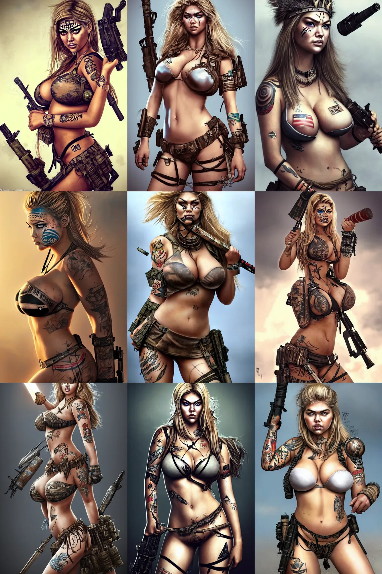 Prompt: gorgeous!! hyper - realistic woman resembling kate upton as a post - apocalyptic warrior girl with tattoos & tribal face paint, bikini + tattered military gear, holding a rocket launcher | drawn by wlop, drawn by jeehyung lee, drawn by artgerm | smooth, sharp focus, intricate