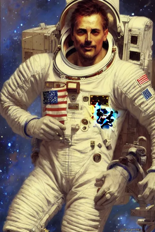 Image similar to attractive astronaut, male, painting by gaston bussiere, craig mullins, j. c. leyendecker, yoji shinkawa, tom of finland