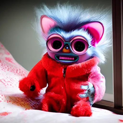 Prompt: demonic furby on bedside table, red eyes, open window, terrified child in bed, dramatic, horror, photorealistic