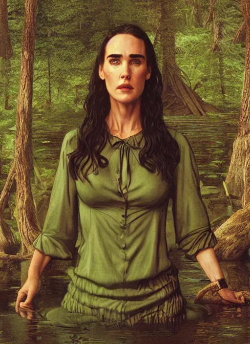 Image similar to portrait of jennifer connelly in searching in the woods standing before the mysterious small pond, twin peaks poster art, from scene from twin peaks, by michael whelan, rossetti bouguereau, artgerm, retro, nostalgic, old fashioned