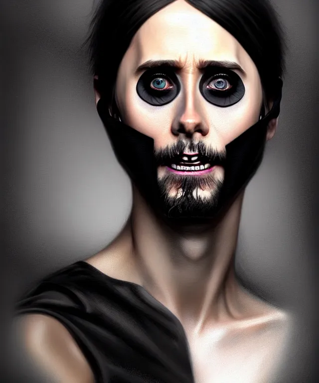 Image similar to jared leto with black fabric mask, short dark undercut hair, highly detailed face!!!, true anatomy!, extremely detailed!, digital painting, unreal engine 5, art by tom bagshaw