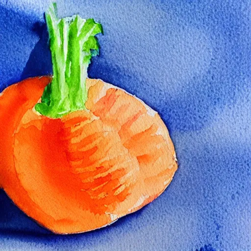 Prompt: A watercolor painting of a single carrot with a blue background, ultra high detail, 8k, 16:9.