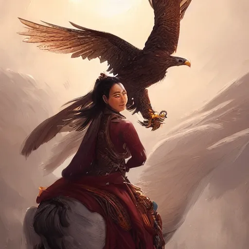 Image similar to asian woman holding an eagle on a horse, greg rutkowski, fantasy, intricate, elegant, highly detailed, digital painting, artstation, concept art, long shot, cinematic lighting