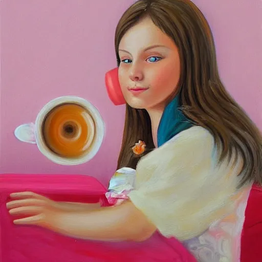 Prompt: highly detailed painting of russian girl playing a pink keyboard with a cup of tea, realistic,