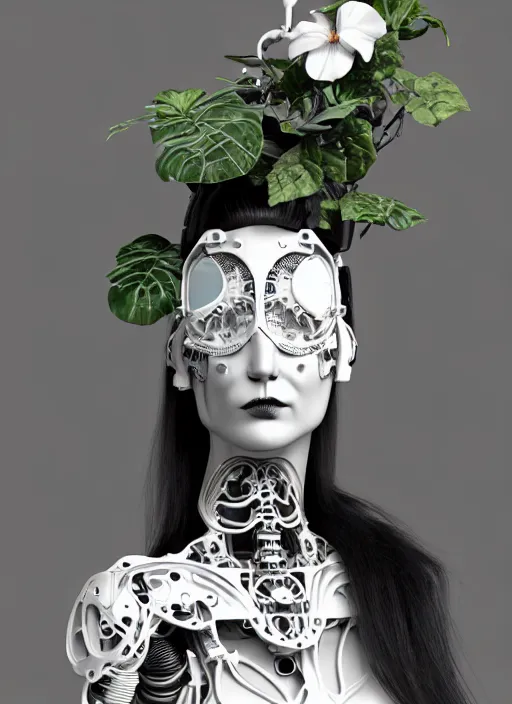 Image similar to black and white 3 d model, biomechanical female cyborg with porcelain profile face and a big floral eye, big leaves foliage and stems, morning glory flowers, hibiscus flowers, boho floral vines, sinuous fine roots, fine filigree foliage lace, alexander mcqueen, rim light, art nouveau fashion pearl embroidered, steampunk, redshift render, 8 k