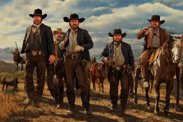 Image similar to a busy main street in the old west with the banker - phillip - seymour - hoffman and two rugged bandits, in the style of an oil painting, realistic, detailed