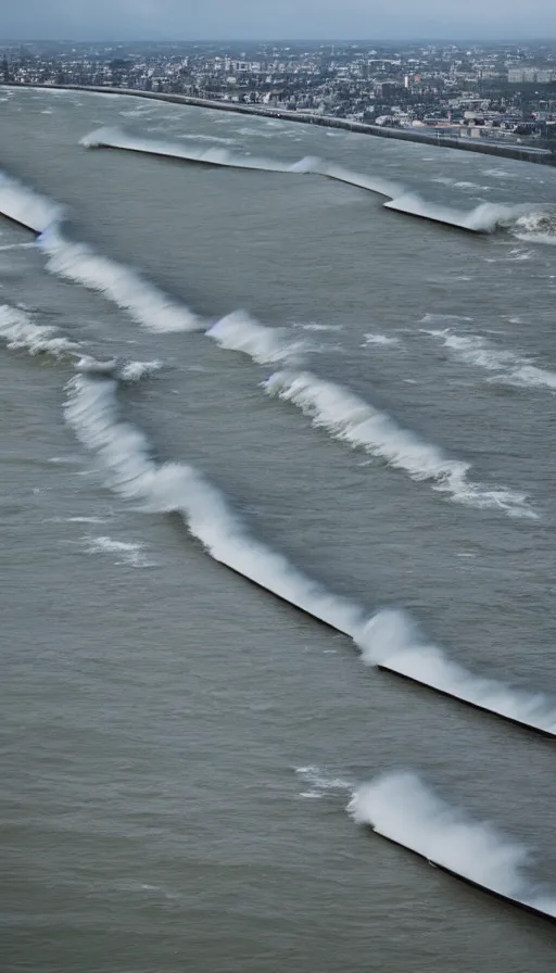 Prompt: colour pentax photograph of massive high fantasy storm surge barriers. slick modern architecture. from an aerial perspective. extremely epic!!