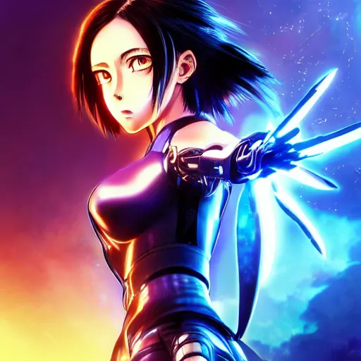 Prompt: anime cyberpunk movie still alita battle angel, beautiful full body female android cyborg - angel, glowing red left eye and glowing blue right eye, cinematic lighting, advanced digital cyberpunk art, wlop, rossdraws sakimimichan, ilya kuvshinov, krenz cushart, greg rutkowski - c 1 0