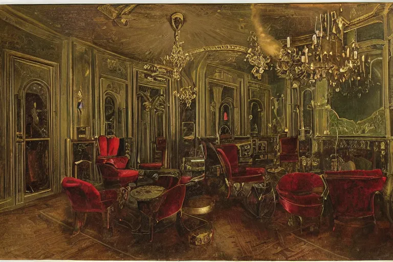 Prompt: environment,the inside of a Victorian Private occultist\'s Club, with lush chairs and coffee tables, bottles and glasses of chartreuse liquor and absinthe, various occult symbols and paintings on the wall, low lighting, mahogany wood, red velvet, ebony, chandeliers and a few guests discussing an emerald sphere in their midst, Hyper-realistic Mysterious dark mode fantasy , epic, in the style of Guillermo del Toro, unreal engine, raytracing, post-processing, zbrush, substance painter, trending on ArtStation, vfx, cgsociety, volumetric lighting, + cinematic + photo + realism + high detail, cgi, 8k