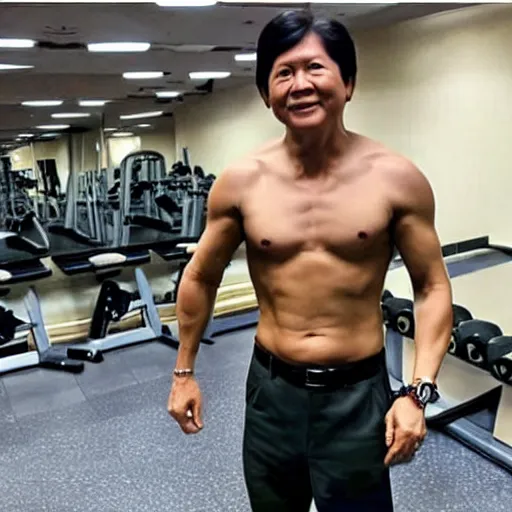 Image similar to bongbong marcos as gigachad flexing at the gym, muscular, on steroids,