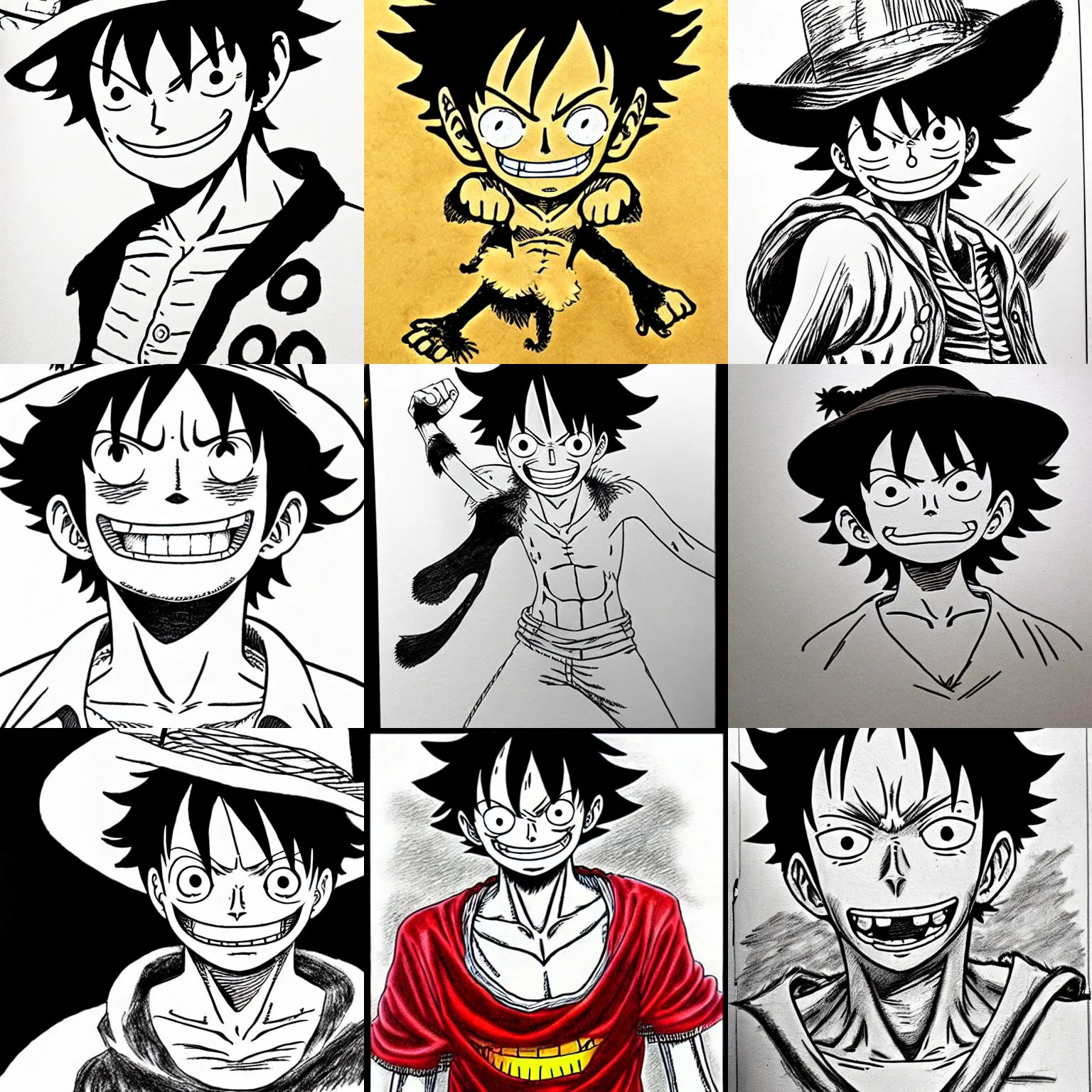 Prompt: monkey d. luffy drawn by kentaro miura