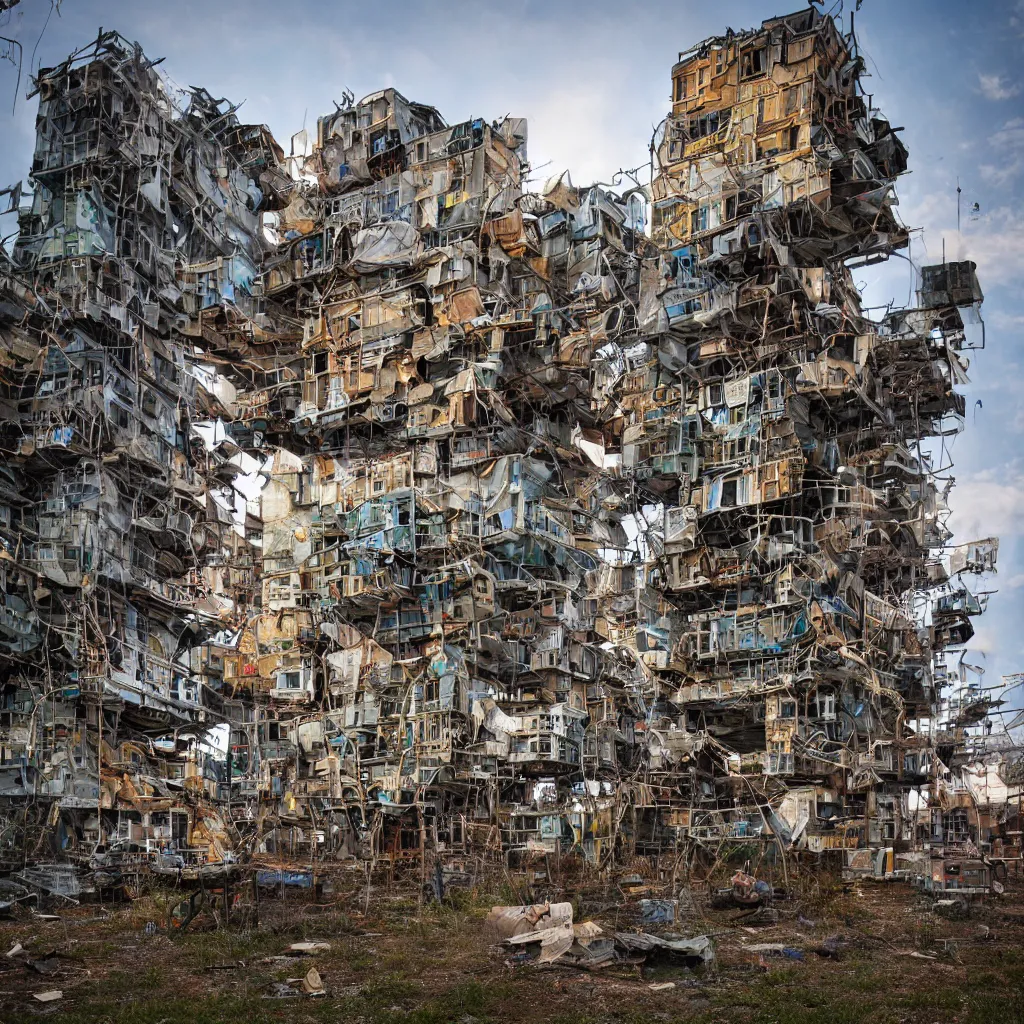 Prompt: a tower made up of makeshift squatter shacks, dystopia, sony a 7 r 3, f 1 1, fully frontal view, photographed by david lachapelle, ultra detailed,