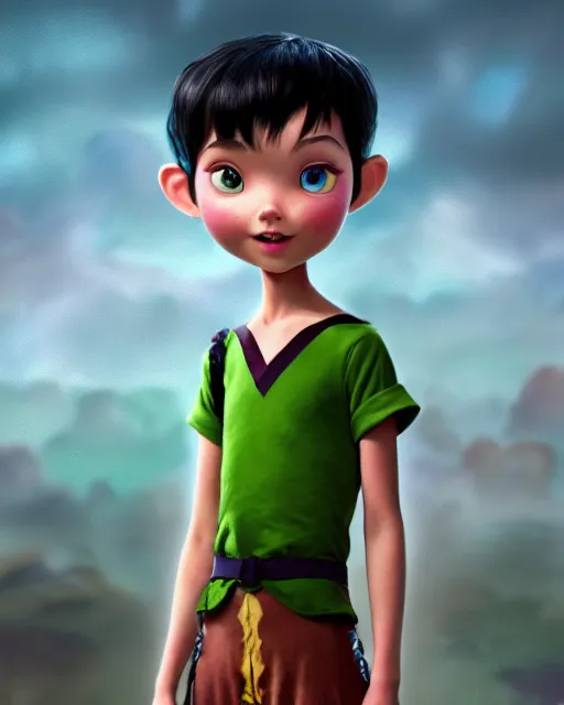 Prompt: an epic comic book style full body portrait painting of evim Peter pan bubble head with black hair, elegant, character design by Mark Ryden and Pixar and Hayao Miyazaki, unreal 5, DAZ, hyperrealistic, octane render, cosplay, RPG portrait, dynamic lighting, intricate detail, summer vibrancy, cinematic