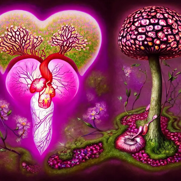 Prompt: extremely psychedelic organic human heart made of orchid and cherry blossom tree and mushroom, LSD heart, diffuse lighting, fantasy, intricate, elegant, highly detailed, lifelike, photorealistic, digital painting, artstation, illustration, concept art, smooth, sharp focus, art by John Collier and Albert Aublet and Krenz Cushart and Artem Demura and Alphonse Mucha