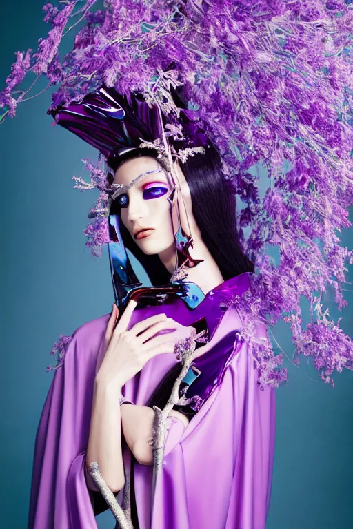 Prompt: A tilted 35° long shot anaglyph film still of a futuristic girl wearing purple cape in porcelain and metal and lush branch featured in Vogue and GQ editorial fashion photography, beautiful eye, symmetry face, haute couture dressed by Givenchy and Salvatore Ferragamo, Canon EF 85mm f/1.4L IS USM