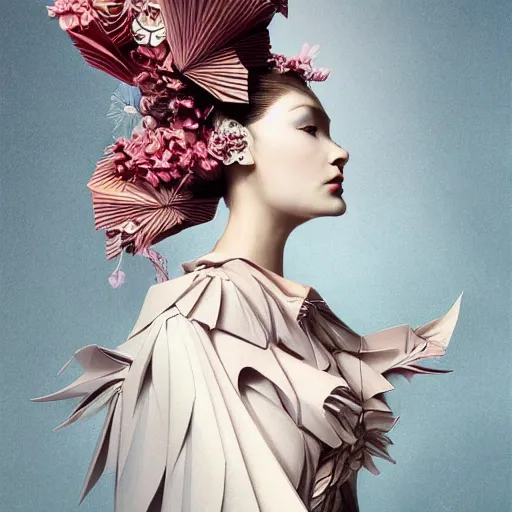 Image similar to 3 / 4 view of a beautiful girl wearing an origami dress, eye - level medium shot, fine floral ornaments in cloth and hair, hummingbirds, elegant, by eiko ishioka, givenchy, albrecht durer, by peter mohrbacher, centered, fresh colors, origami, fashion, detailed illustration, vogue, japanese, reallusion character creator