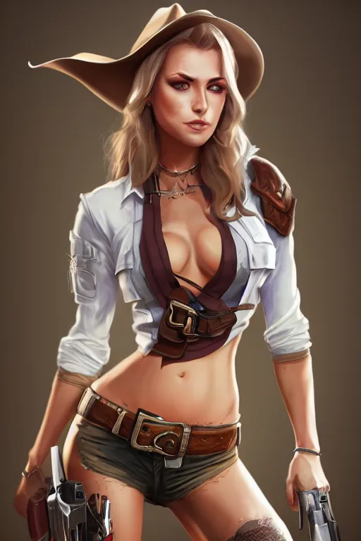 Image similar to full body, female cowgirl, perfect face, white blouse, empty gun holster, 8 k, magic the gathering, desert, d & d, artstation, high detail, smooth, muscular