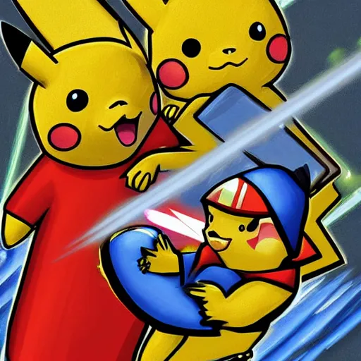 Prompt: digital art, trending on artstation, pikachu firing a thunderbolt at the holy family from barcelona