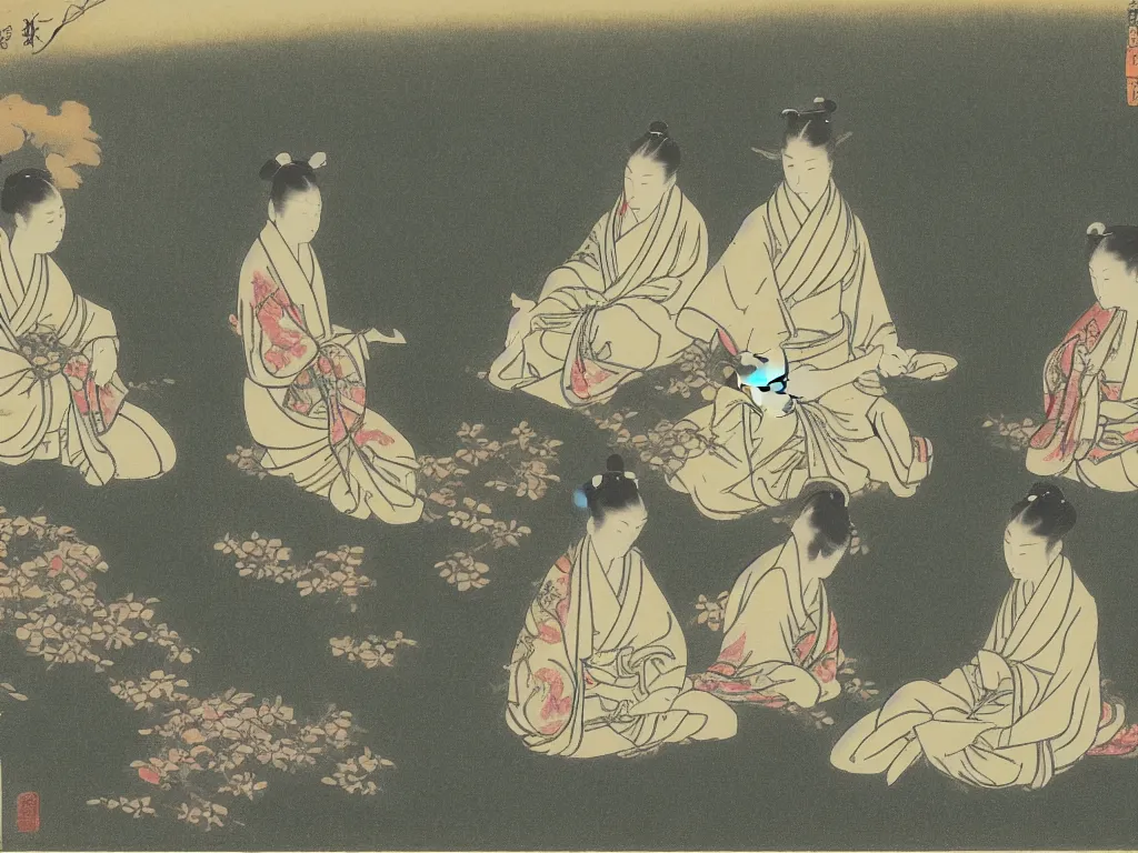 Prompt: four people meditation near a spring, by ohara koson