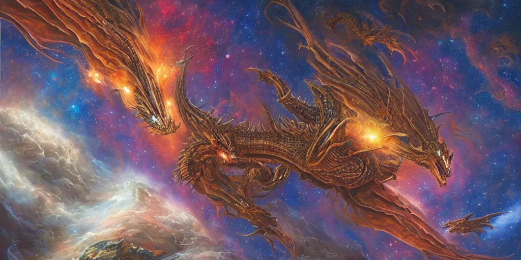 Prompt: an alien dragon flying through outer space, epic nebula, dan seagrave art