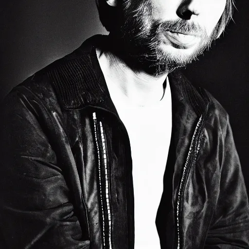 Image similar to Thom Yorke, Thom Yorke, with a beard and a black jacket, a portrait by John E. Berninger, dribble, neo-expressionism, uhd image, studio portrait, 1990s