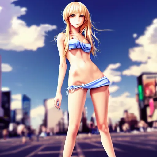 Image similar to a very beautiful young anime giantess, full body, standing in time square, long wavy blond hair, sky blue eyes, full round face,, bikini, miniskirt, front view, mid - shot, highly detailed, cinematic wallpaper by stanley artgerm lau