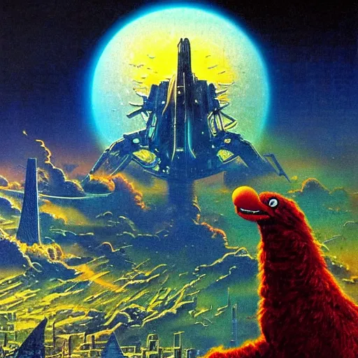 Image similar to elmo in the style of a 7 0 s science fiction novel cover, highly detailed, bruce pennington, peter jones