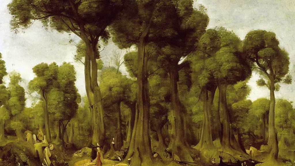 Prompt: landscape of a fey forest, by camille corot, by hieronymus bosch, fine art, volumetric lighting, giant mushroom trees, woodland spirits