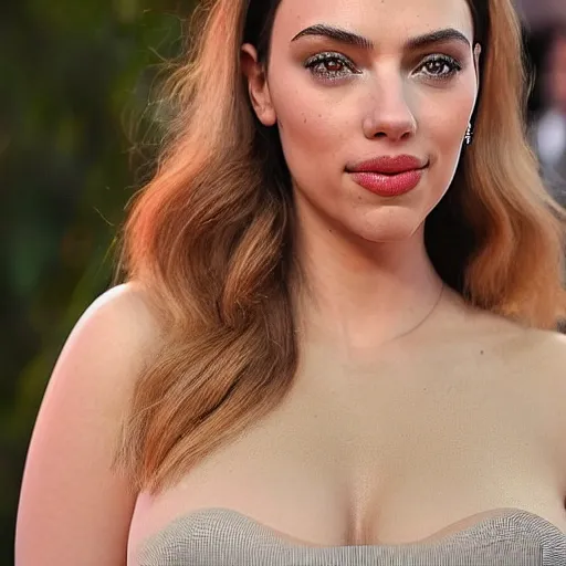 Image similar to a woman who is a genetic combination of kim kardashian and kat dennings and scarlett johansson and margot robbie and emma watson, face and upper - body focus