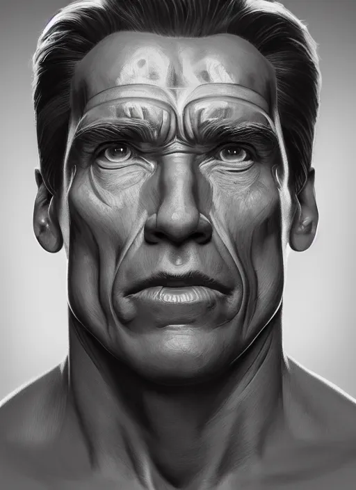 Image similar to symmetry!! arnold schwarzenegger, machine parts embedded into face, intricate, elegant, highly detailed, digital painting, artstation, concept art, smooth, sharp focus, illustration, art by artgerm and greg rutkowski and alphonse mucha, 8 k