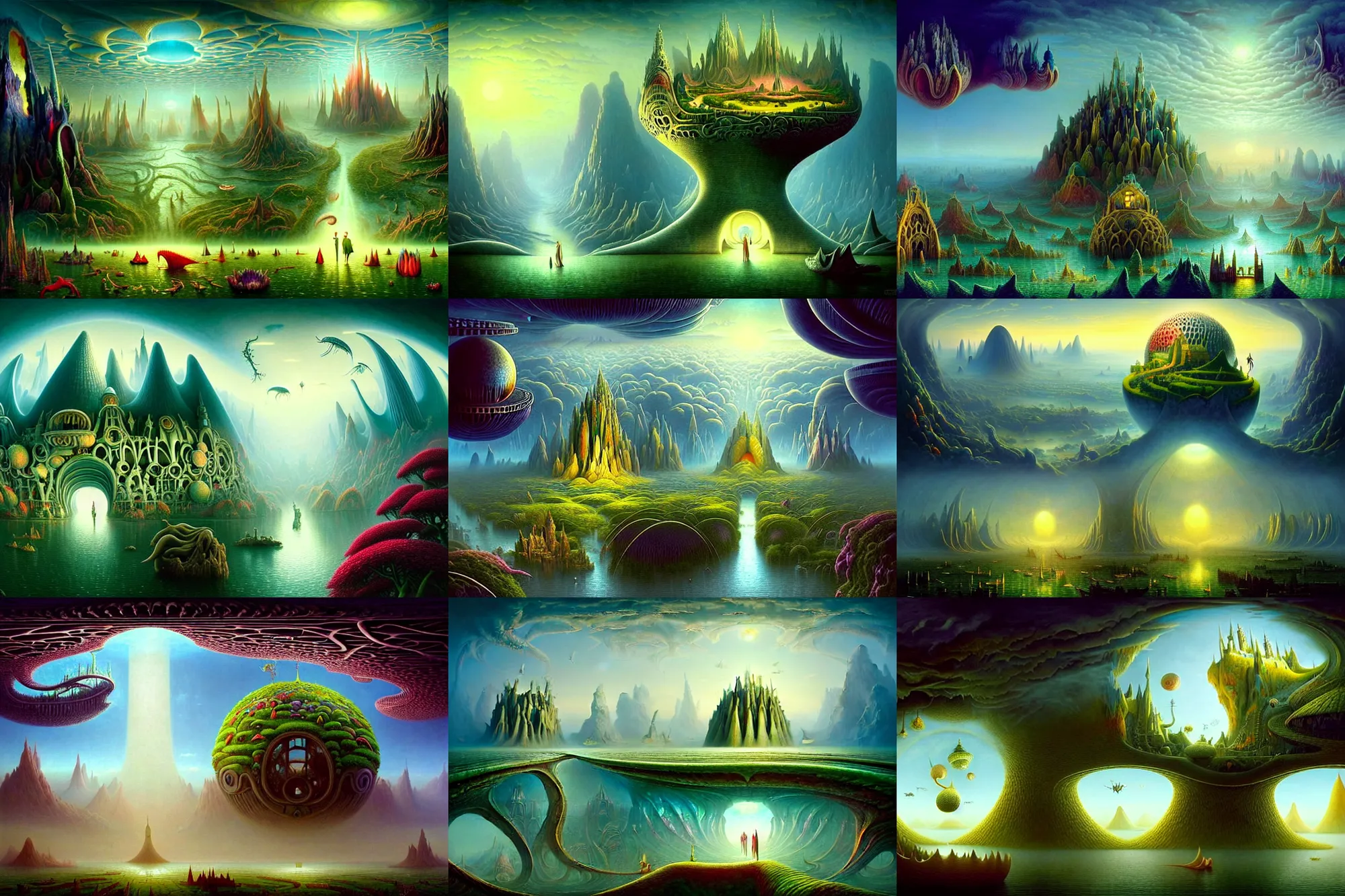 Prompt: a beautiful epic stunning amazing and insanely detailed matte painting of alien dream worlds with surreal architecture designed by Heironymous Bosch, mega structures inspired by Heironymous Bosch's Garden of Earthly Delights, vast surreal landscape and horizon by Cyril Rolando and Thomas Kinkade, masterpiece!!, grand!, imaginative!!!, whimsical!!, epic scale, intricate details, sense of awe, elite, wonder, insanely complex, masterful composition, sharp focus, dramatic lighting