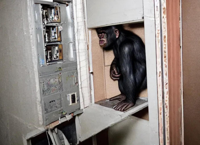 Prompt: human - ape hybrid inside fuse box in post communist apartment building