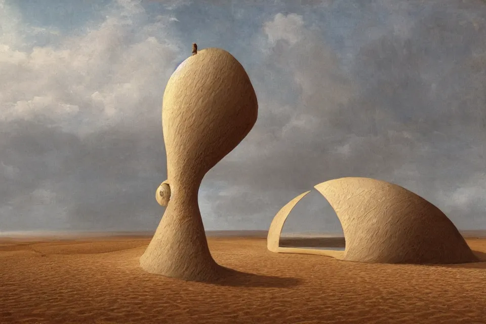 Prompt: a single house in the shape of a giant seashell, standing in the middle of the desert by john harris