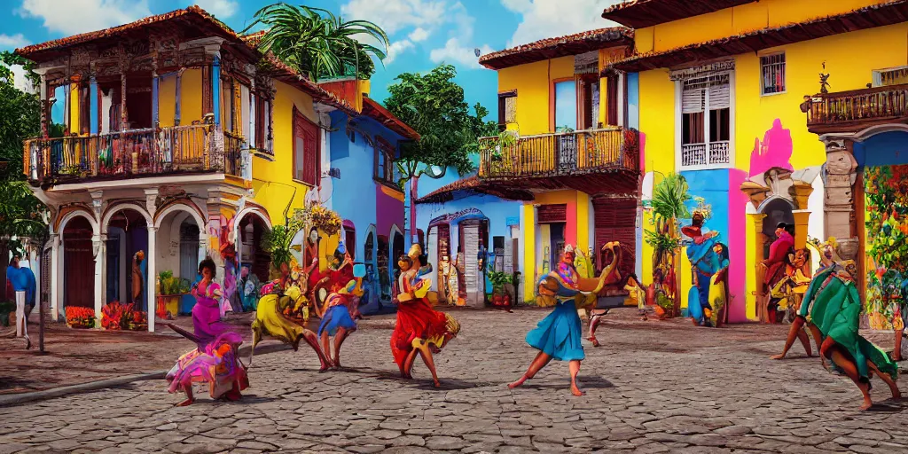 Prompt: An epic fantastic realism comic book style painting of the COLOMBIAN colonial town environment with beautiful houses, traditional dance in the street, exquisite bouquets from an colorfull culture, fisheye, unreal 5, DAZ, hyperrealistic, octane render, dynamic lighting