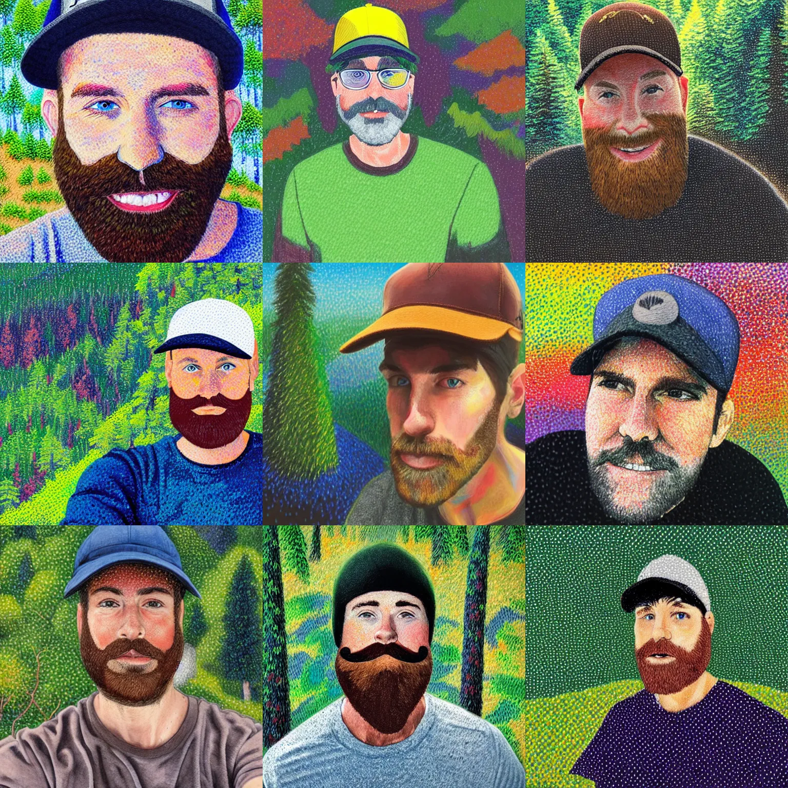 Image similar to colorful portrait of a white man with a black baseball cap, brown beard, and grey shirt on the summit of a forested mountain in the style of pointillism, abstract art, wide selfie