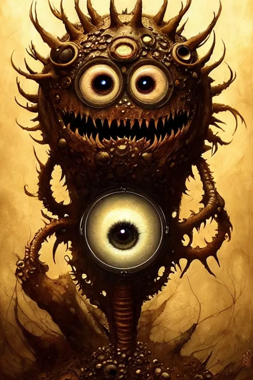 Prompt: beholder monster with 6 eyes | esoteric symbolism | jean - baptiste monge, esao andrews, bastien lecouffe - deharme, tim jacobus, ken currie | ultra - detailed realism, soft cinematic lighting, hi - fructose, artstation, high - quality, ink watercolors wes anderson poster art