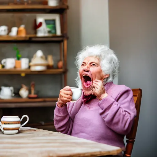 Image similar to elderly woman screaming at a cup of tea, canon eos r 3, f / 1. 4, iso 2 0 0, 1 / 1 6 0 s, 8 k, raw, unedited, symmetrical balance, wide angle