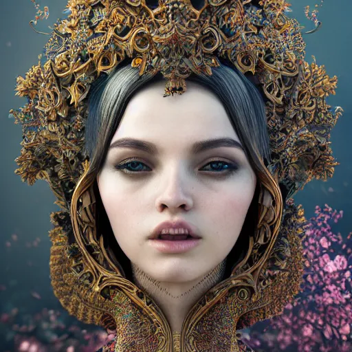 Prompt: wonderful princess of fractals and patterns, beautiful face, hyper detailed, background intricate and detailed, ornate 8 k gorgeous intricate detailed, octane render