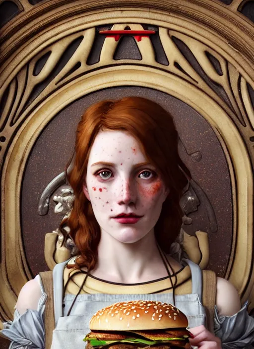 Image similar to close up portrait of wendy thomas, pale young woman with freckles, baroque hamburgers, fast food imagery by artgerm, cushart krenz, greg rutkowski, mucha. art nouveau. gloomhaven, golden arches logo, pale colors, sharp edges. ultra clear detailed. 8 k. elegant, intricate, octane render