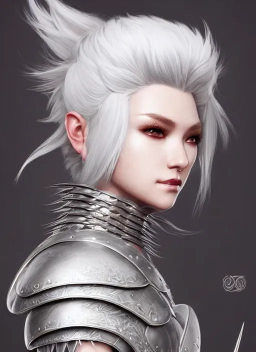 Image similar to warrior, fur leather armor!!! beautiful and elegant white hair female!! gorgeous ayes!! character concept art, sharp focus, octane render! unreal engine 5! highly rendered!! trending on artstation!! detailed linework!! illustration by artgerm, wlop, and chie yoshii