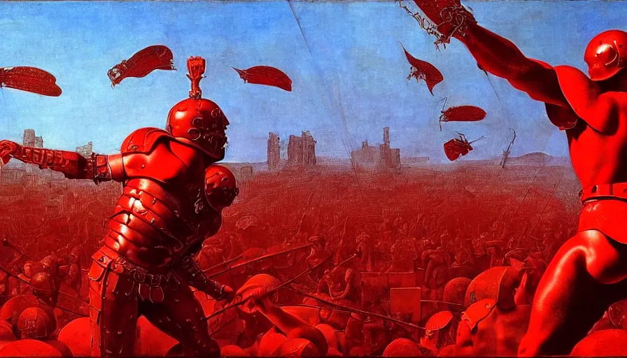 Image similar to only with red, an armored gladiator in a crowded roman amphitheatre, crowd cheering, in the style of beksinski and edward hopper and rodcenko and yue minjun and rolf armstrong, intricate and epic composition, red by caravaggio, highly detailed, masterpiece, red light, artstation