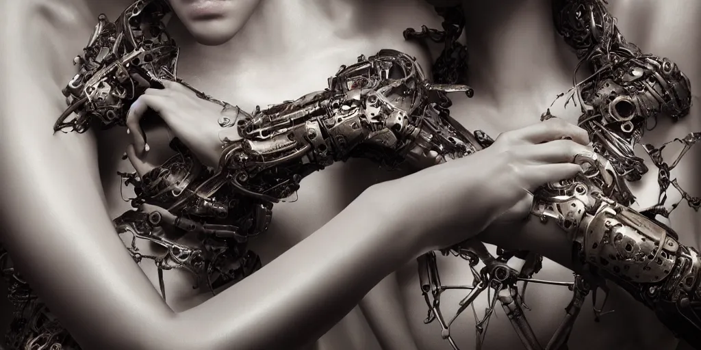 Image similar to hyperrealistic photography of a stunningly beautiful cyborg female, mechanical elbow, plated arm, intimate, holding hands, in the style of beth cavener, jin kagetsu,, and wlop, highly detailed, intricate, face symmetry, masterpiece, award - winning, sharp focus, concept art, high key, ambient lighting, 8 k, octane render, artstation