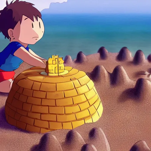 Prompt: crab building a sand castle, cute, kawaii, art station, studio ghibli, 8k,